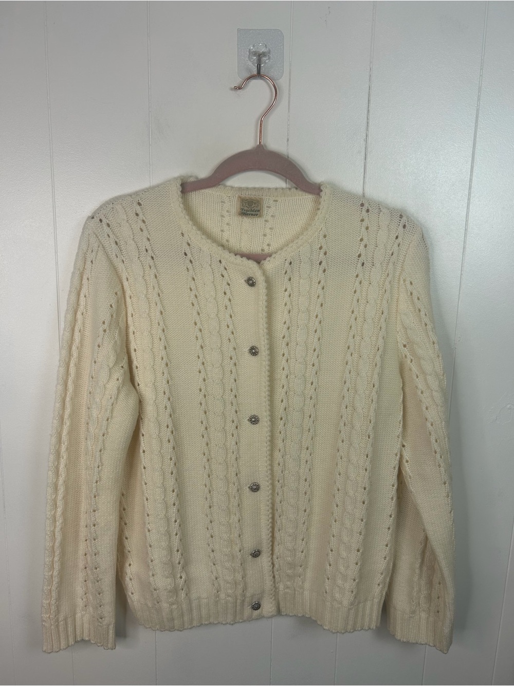 Vintage Cottagecore Grandmacore Cable Knit Cardigan Cream Sweater Size Small 90s - Picture 4 of 11